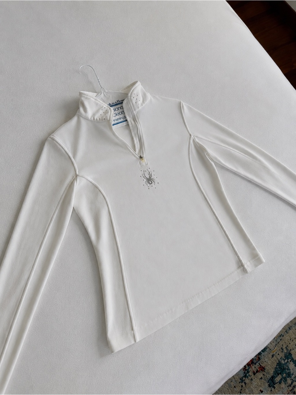 Spider White Long Sleeve Zip Mock Neck Top with Sparkle Motif